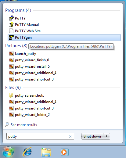 Install PuTTY on OpenShift Import SSH Key Step 1: Launch PuTTYGen screenshot