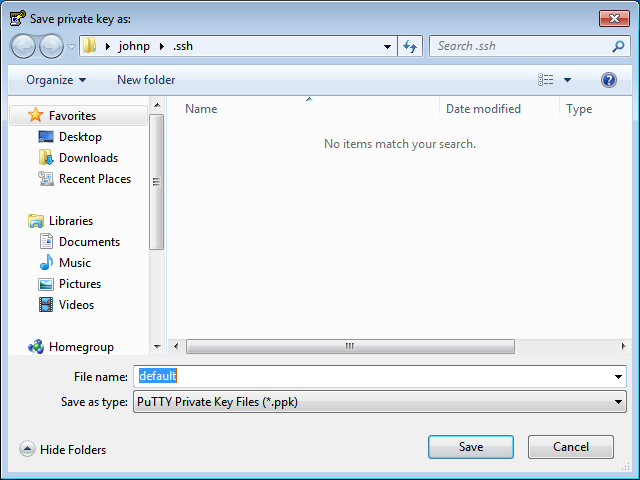 Install PuTTY on OpenShift Import SSH Key Step 5: Select a key name screenshot