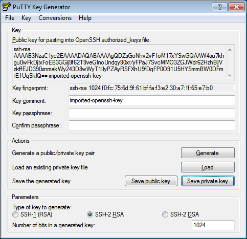 Install PuTTY on OpenShift Import SSH Key Step 4: Save your private key screenshot