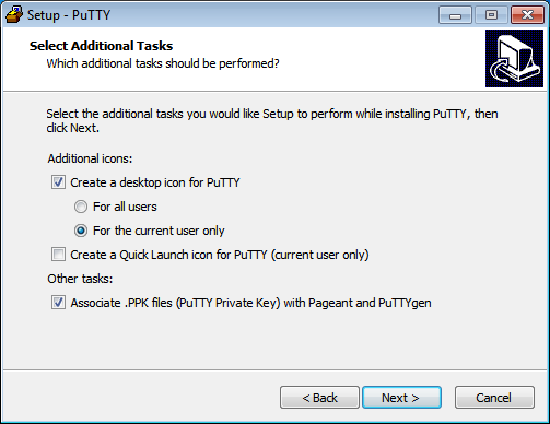Install PuTTY on OpenShift Wizard Step 4: Additional options screenshot
