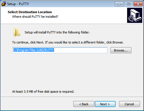 Install PuTTY on OpenShift Wizard Step 2: Select install directory screenshot
