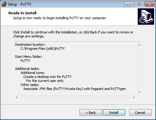 Install PuTTY on OpenShift Wizard Step 5: Install screenshot