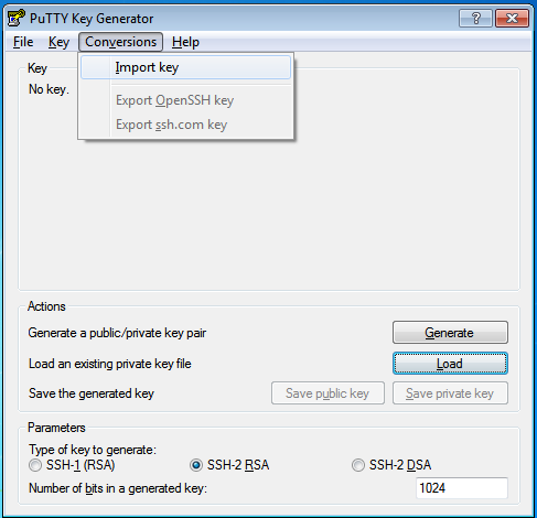 Install PuTTY on OpenShift Import SSH Key Step 2: Select Import key menu item screenshot