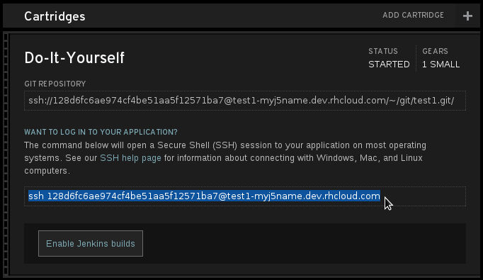 Install PuTTY on OpenShift Configure a PuTTY Session Step 2: Get the SSH address screenshot